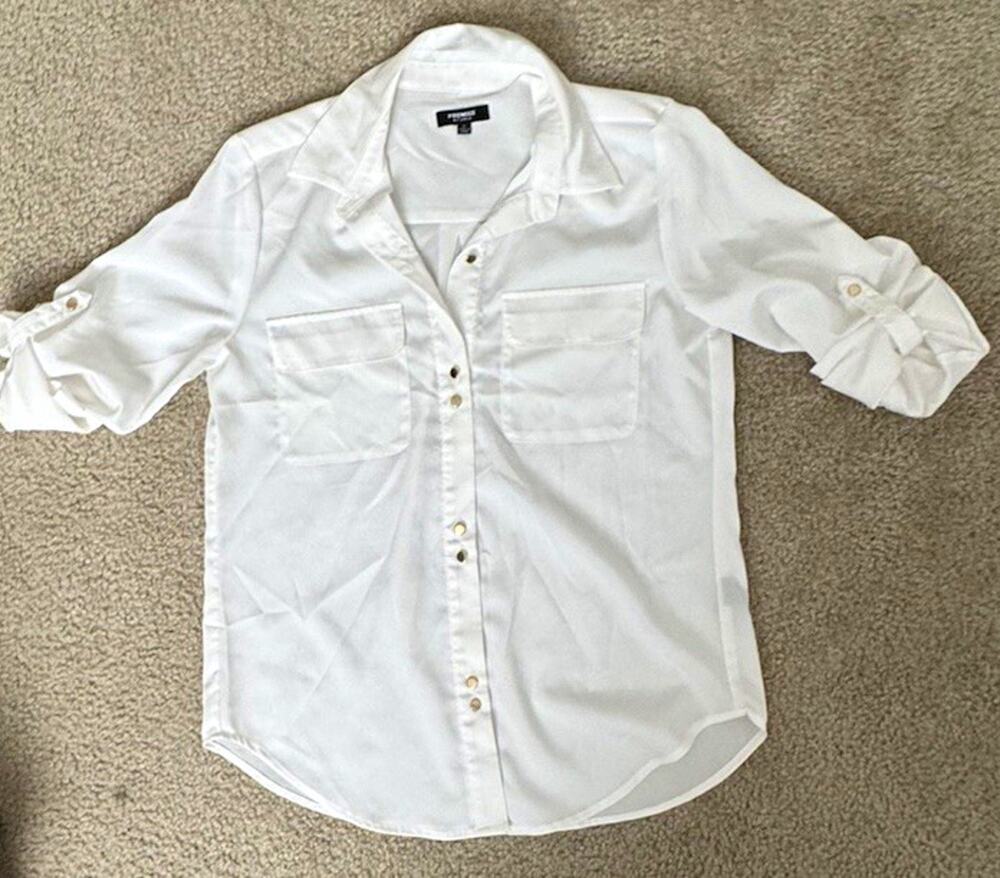 Premise Studio Womens Small White Button Up Blouse Roll Tab Sleeve Chest Pockets